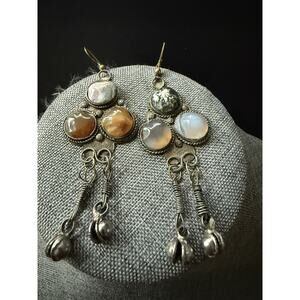 Vintage Gemstone Brutalist Dangle Drop Earrings Silver Tone Pierced Boho Hippie
